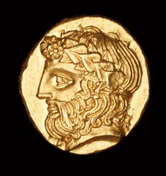 Moeda grega antiga rara, ouro, thasos hemidrachm, Dionísio Deus do Vinho c 380 BC (foto)