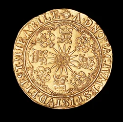 Moeda rara, Inglaterra, espora de ouro, rosa Tudor na espora