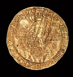 Moeda inglesa rara, Ryal de ouro, Rainha Maria (Bloody Mary) num navio com espada e escudo