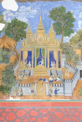 Afrescos Reamker adornando as paredes do complexo do palácio real em Phnom Penh, Camboja (foto)