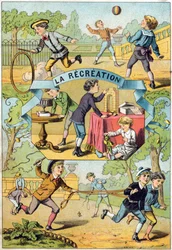 Recreação no pátio da escola. Gravação no "Alfabeto dos petits ecoliers". Imaging of Epinal, cerca de 1885. Coleção Privee