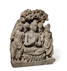 Tríade de Alívio de Buda Shakyamuni Com Bodissatvas, século III-4 (xisto cinzento)