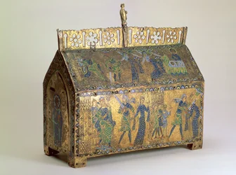 Caixão relicário com cenas da vida de St Valeria, Limoges, c.1175 (madeira, cobre dourado e esmalte champleve)