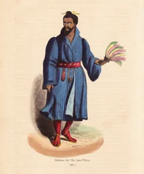Residente das ilhas Ryu Kyu (Okinawa, Japão) - Homem das ilhas Lou-Tchou (ilhas RyukYu ou Okinawa moderna) - Xilogravura colorida à mão por Mercier de "Habits, Uses et Costumes de tous les Peuples du Monde, Asie", de Auguste Wahlen, pseudónimo de Jean