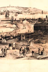 Pormenor do quarto direito da gravura do porto de Portland