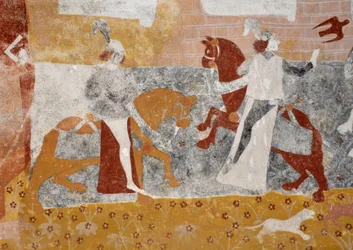 Arte românica: Frescos da capela funerária Sainte Catherine de Jouhet, Vienne, Poitou-Charentes (Poitou Charentes), França. O encontro dos três vivos e dos três mortos. (Narra o encontro de três cavaleiros jovens e ricos com três mortos. "O que