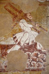 Arte românica: Simão de Cypere carrega a cruz de Cristo. Vista de pormenor dos frescos do coro "A vida de Cristo" (século XIII) da igreja de São Martinho (São Martinho
