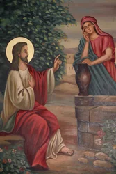 Santo Antônio pintura da igreja copta : jesus e a mulher samaritana, Jerusalém, Israel