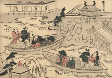 Samurai a atravessar o rio (em Akasaka Mitsuke) num barco a caminho dos bairros de lazer de Yoshiwara. Gravura em xilogravura de Masanobu Okumura (1686-1764) de Fuzoku Emakimono, Picture Scroll of the Water Trade, Tóquio, reimpressão de cerca de 1880.