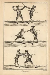 Segunda posição do desarme em tierce, desarme na carte ou seconde thrust, e segunda posição do desarme na carte. Gravura em talhe-doce de Robert Benard, da secção "Esgrima" da Enciclopédia de Denis Diderot, Pellet, Genebra
