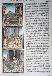 Conjunto de adornos e de toucado de imperadores, página do Codex Florentino, versão bilíngue em espanhol e nahuatl, História Geral das Coisas da Nova Espanha, do missionário espanhol Fray Bernardino de Sahagun. Civilização asteca