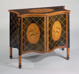 Cômoda Sheraton harewood e serpentina marchetada, c.1790