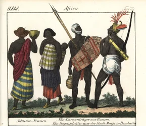 Mulheres Shoua com um bebé, uma lança e um arqueiro do Império Kanem (Chade e Líbia). Litografia para o livro: "Galerie complete en tableaux fideles des peuples d