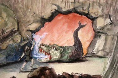 Siegfried a matar o dragão Fafner, finais do século XIX (ilustração)