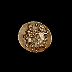Moeda de prata, Grécia Antiga, ilhas de Thasos, na Trácia, 500 a.C. Importante obra-prima da Antiguidade Clássica, com requintados foliões das Bacantes (foto)