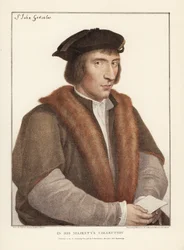 Sir John Godsalve, de Norwich, Norfolk, político inglês (falecido em 1556). Gravura em chapa de cobre colorida à mão, de Francis Bartolozzi, segundo Hans Holbein, a partir de Fac-símiles de desenhos originais de Hans Holbein, Hamilton, Adams, Londres