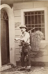 Pequenos metiers: retrato de um vendedor de palha, o cesto carrega na parte de trás. Século XIX Imprimir em cartão Dim. 6x9,3 cm