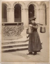 Pequenos meandros: retrato de um portador de água perto de um poço. Século XIX Imprimir em cartão Dim. 19,4x24,5 cm