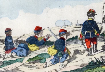 Atiradores furtivos. Gravação em "Alfabeto militante enfantin". Imagem de Pont-a-Mousson, por volta de 1890. 20 páginas. Dim: 28,5x21cm.