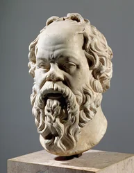Sócrates, cabeça em mármore, cópia de um bronze do Pompeion em Atenas, realizado por Lisipo, grego clássico, cerca de 330 a.C.