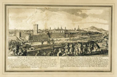 Espanha: Guerra da Sucessão Espanhola (1714). Cerco de Barcelona. (gravura)