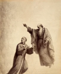 São Bernardo indica a Dante a Rosa dos bem-aventurados onde está sentada Beatriz. Ilustração do Canto XXXI do Paradiso da Divina Comédia de Dante Alighieri. Obra de Francesco Scaramuzza dedicada ao Município de Florença.