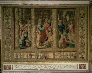 São Pedro e São João curam um aleijado na porta do templo, das Tapeçarias de Bruxelas, réplicas dos desenhos animados de Rafael, do Vaticano, dos Atos dos Apóstolos (tapeçaria)