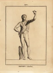 Estátua de Baco Lenaios, o deus romano do vinho, nu mas para uma pele de leão, prensando um cacho de uvas