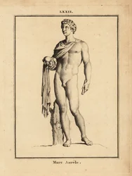 Estátua do Império Romano Marcus Aurelius, Marcus Aurelius Antoninus Augustus; nu com orbe e ceptro