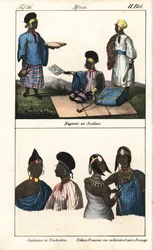 Mulheres sudanesas com vestido às riscas. Em baixo, mulheres de Timbuktu (Mali) e mulheres Tibbo do Sara. Litografia para o livro: "Galerie complete en tableaux fideles des peuples d