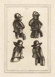 Fato de armadura com descanso de lança, capacete aberto 1, fato de armadura de arquebus 3, e fato de armadura de arquebus com coxas compridas 4