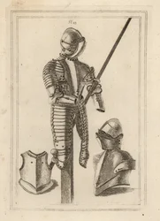 Fato de armadura basculante com grande guarda e descanso de lança da Torre de Londres 1, capacete e grande guarda 2, peça de peito de uma cuirass 3