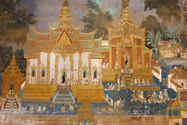 Sylver Pagoda Este mural retrata cenas do Reamker que é o cambojano, ou Khmer, versão do clássico poema hindu Ramayana, Phnom Penh, Camboja.