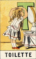 T : Banheiro - Gravura extraída de ABCD des petites filles. Pellerin & Cie, editora de impressoras, Epinal, por volta de 1890. Série A. Dimensões : 19 x 13,5 cm.