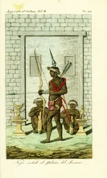Guardas tatuados ou assustados à porta do Palácio da Rainha, Tandi, Angola