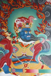 Templo a guardar o Sul, chamado Virudhaka. Mosteiro de Kopan, Kathmandu, Nepal