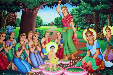 Pintura do templo retratando Buda quando bebé. Camboja
