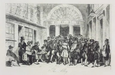 The Alley, Bun Seller na entrada da Bolsa de Londres, Capel Court, c.1850 (gravura)
