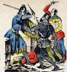 Batalha de Taillebourg entre o rei de França Luís IX e o seu irmão, o conde de Poitiers Alphonse, contra as armas dos seus vassalos revoltosos, Henrique III de Inglaterra e Hugues X de Lusignan. Gravura de Epinal do século XIX (gravura)