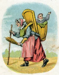 A mãe namorada. Uma velha educadora com uma mochila para o menino da escola. Gravura no "Alfabeto dos pequenos ecoliers". Imagem de Epinal, por volta de 1885. Coleção Privee