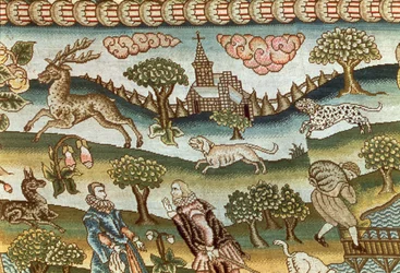 O Tapete de Mesa Bradford, detalhe de cães de caça perseguindo um veado, bordado em lona de linho em seda colorida, inglês, final do século XVI