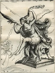 O Cassiopee do Atlas de Hevelius (1690): Cassiopee, esposa do Rei Etíope Cefe, sentada numa poltrona adornada com palmeiras. Gravura de "Les étoiles et les autres curiosites du ciel" de Camille Flammarion