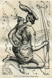 O treinador do Atlas de Hevelius (1690): A constelação do Treinador, que segura na mão direita um chicote e rende e no braço esquerdo o Chevre e dois chevrals, é um dos mais antigos da esfera grega. Gravura do "Les ét" de Camille Flammarion