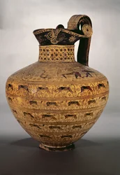 A enócoa Levy, um vaso orientalizante da Grécia oriental decorado com fileiras de animais fabulosos e cabras selvagens, estilo da Cabra Selvagem, c. 650 a.C.