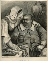 O Pequeno Pouket: o ogre e sua esposa depois de terminar a refeição. Gravura de Gustave Dore (1832-1883) de "Les contes" de Charles Perrault (1628-1703)