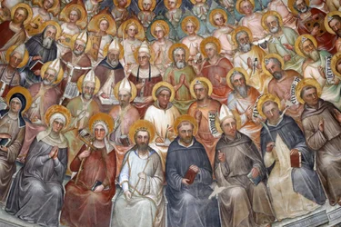 O Baptistério de Pádua. Afrescos de teto do século XIV, de Giusto de Menabuoi. O Paraíso. Bênção de Cristo com patriarcas, profetas e santos. Detalhe. Pádua. Itália. (foto)
