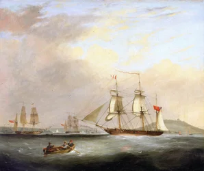 O "Sheldrake", um navio do serviço postal, ao largo de Falmouth, Inglaterra, um importante centro de navegação para oeste, rodeia os barcos "Eclipse" e "Sandwich