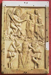 As Três Marias no Túmulo, placa esculpida, Escola do Palácio de Carlos Magno, francês (marfim)