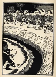 O barão se defende do ataque dos leões, incendiando a pólvora. Ilustração de William Strang (1859-1921) e JB Clark de "The Adventures of the Baron of Munchausen (Munchhausen)" de Rudolf Erich Raspe (1736-1794) (1789)
