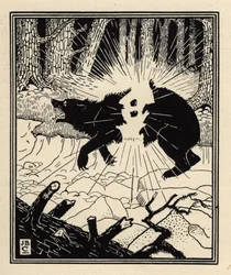 O barão faz explodir um urso-negro com duas pedras de isqueiro. Ilustração de William Strang (1859-1921) e J. B. Clark de «As Aventuras do Barão de Munchausen (Munchhausen)», de Rudolf Erich Raspe (1736-1794) (1789)